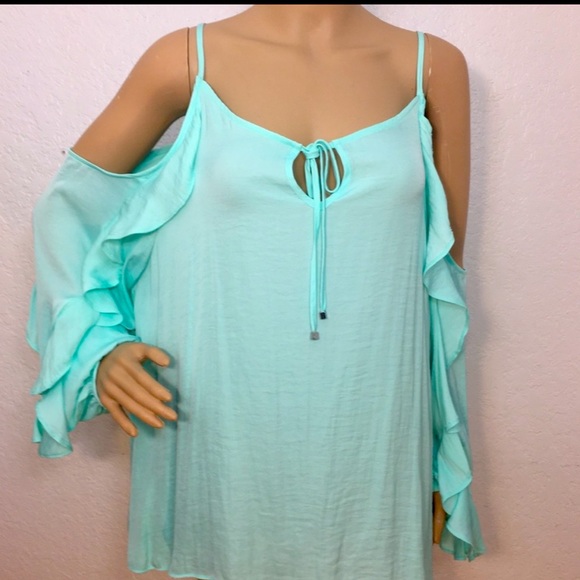 Dope NWOT Jennifer Lopez Peep Shoulder Mint Long Sleeved Top - Picture 1 of 11